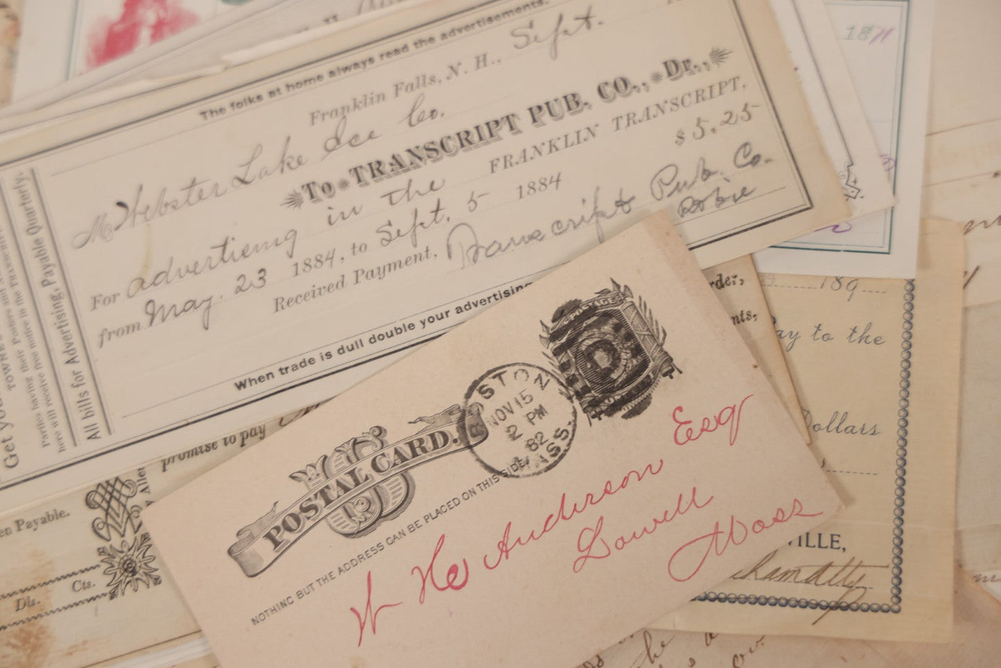 Lot 045 - Discovery Grouping Of 50+ Pieces Of Antique Handwritten & Printed Ephemera, Including Skowhegan House Maine Hotel Ledger Page, Bryan Miner & Reed Wholesale Grocers Billhead, With Checks, Letters & Receipts