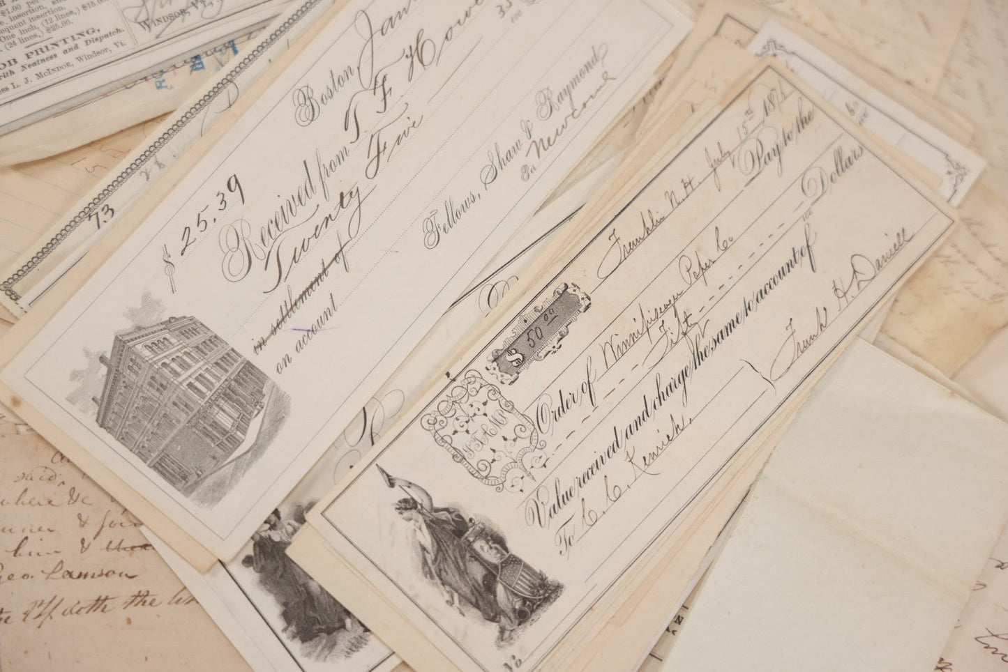 Lot 045 - Discovery Grouping Of 50+ Pieces Of Antique Handwritten & Printed Ephemera, Including Skowhegan House Maine Hotel Ledger Page, Bryan Miner & Reed Wholesale Grocers Billhead, With Checks, Letters & Receipts