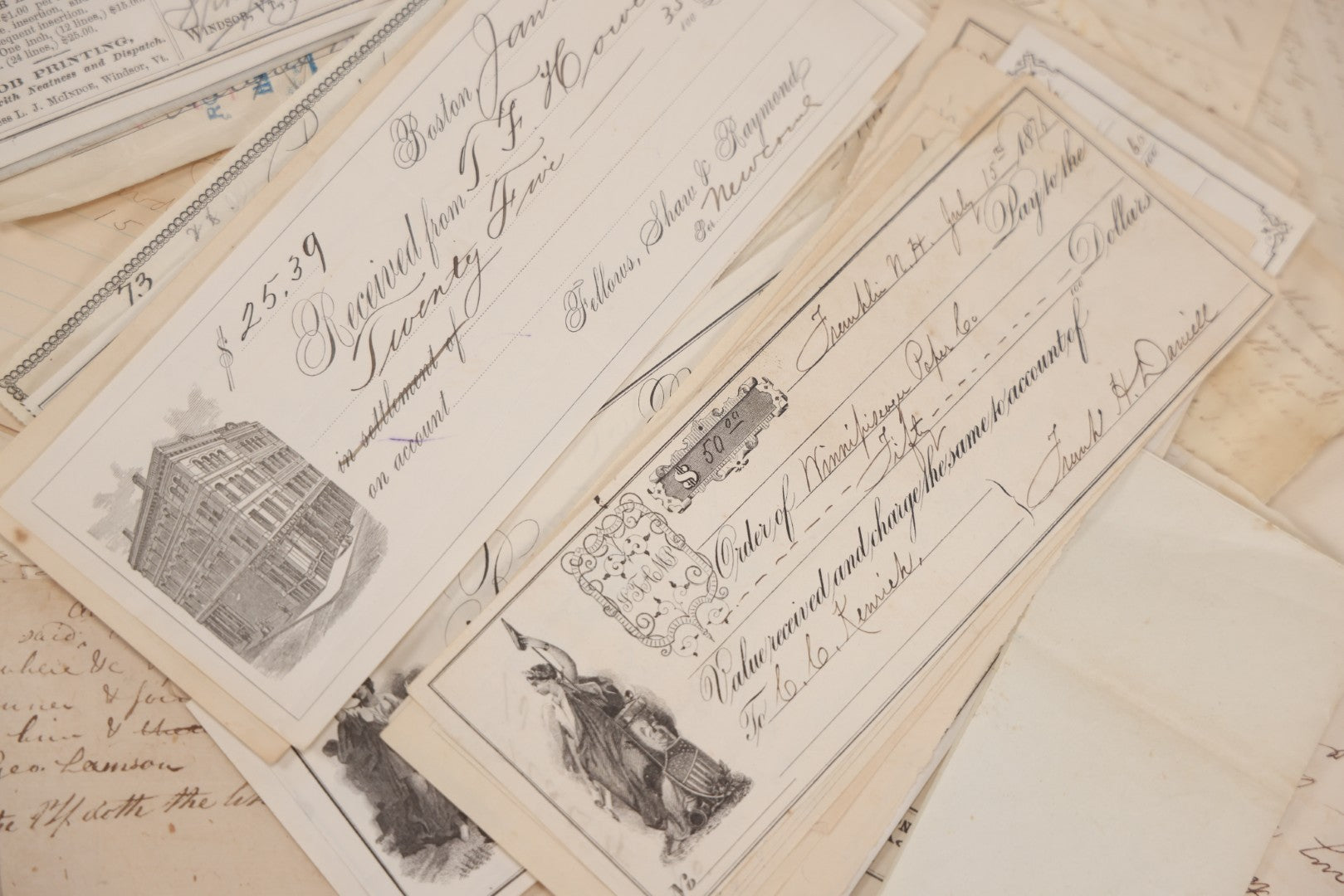 Lot 045 - Discovery Grouping Of 50+ Pieces Of Antique Handwritten & Printed Ephemera, Including Skowhegan House Maine Hotel Ledger Page, Bryan Miner & Reed Wholesale Grocers Billhead, With Checks, Letters & Receipts