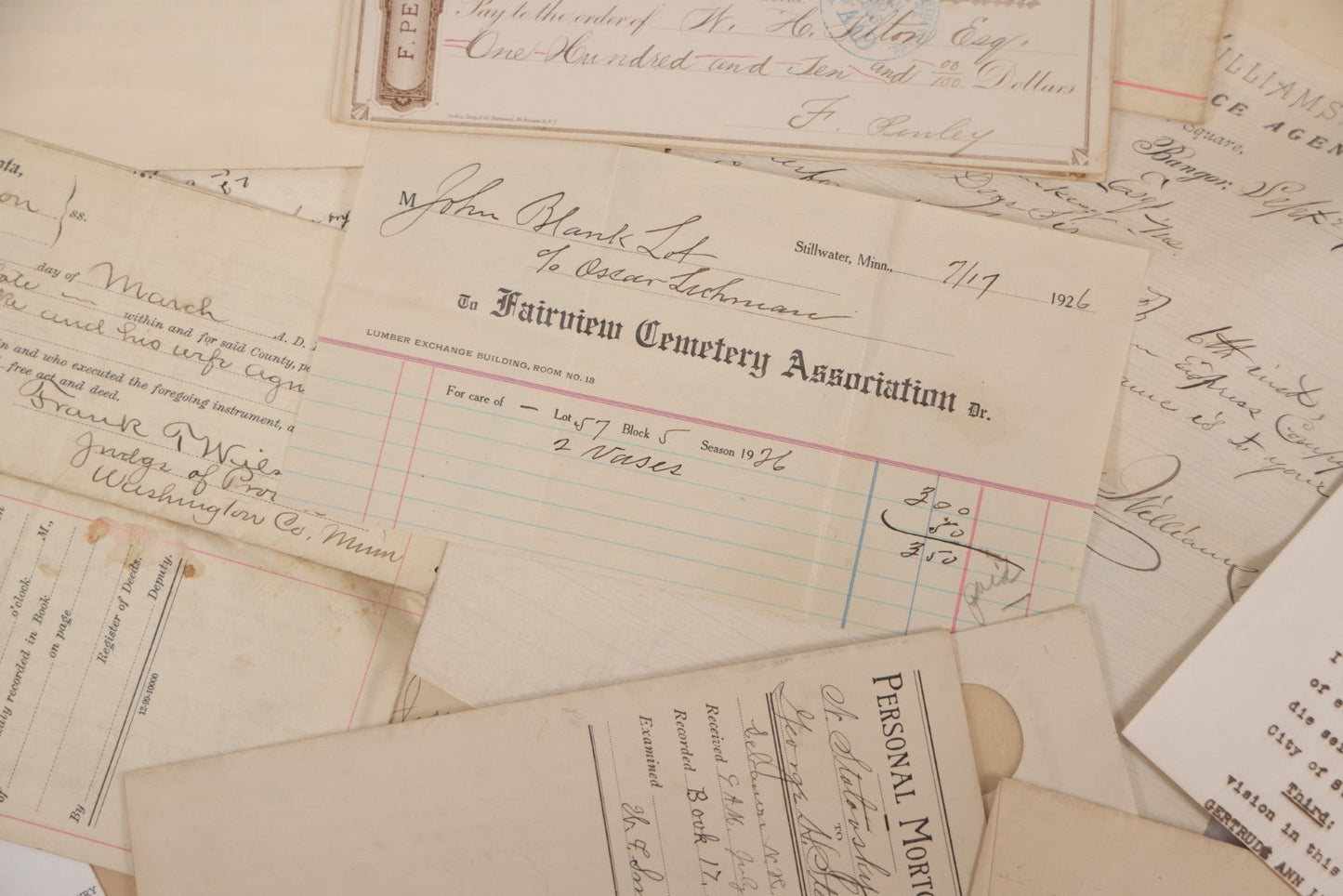 Lot 046 - Discovery Grouping Of 20+ Pieces Of Antique Handwritten & Printed Ephemera, Including New Hampshire Sheriff's Warrants, Wiggins & Williams General Insurance Document, Fairview Cemetery Association Receipt & Personal Mortgages