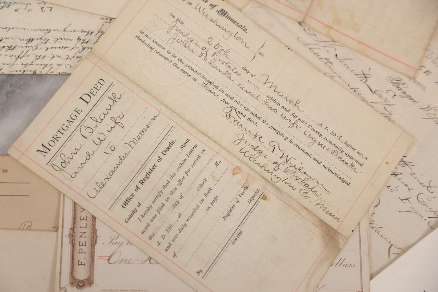 Lot 046 - Discovery Grouping Of 20+ Pieces Of Antique Handwritten & Printed Ephemera, Including New Hampshire Sheriff's Warrants, Wiggins & Williams General Insurance Document, Fairview Cemetery Association Receipt & Personal Mortgages