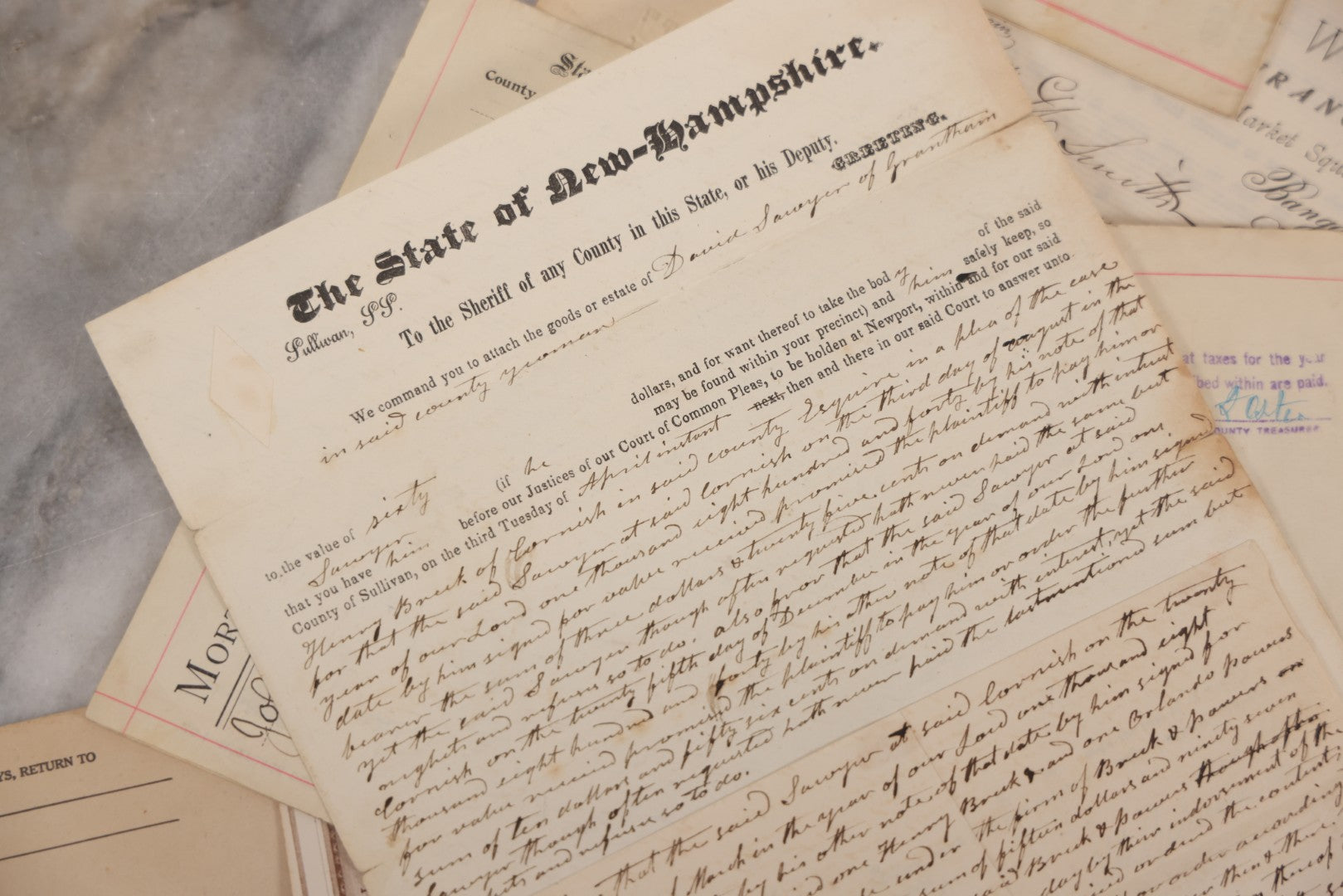 Lot 046 - Discovery Grouping Of 20+ Pieces Of Antique Handwritten & Printed Ephemera, Including New Hampshire Sheriff's Warrants, Wiggins & Williams General Insurance Document, Fairview Cemetery Association Receipt & Personal Mortgages