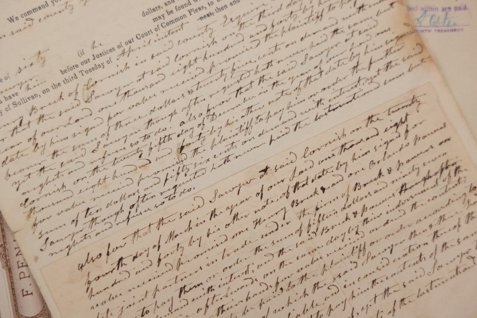 Lot 046 - Discovery Grouping Of 20+ Pieces Of Antique Handwritten & Printed Ephemera, Including New Hampshire Sheriff's Warrants, Wiggins & Williams General Insurance Document, Fairview Cemetery Association Receipt & Personal Mortgages