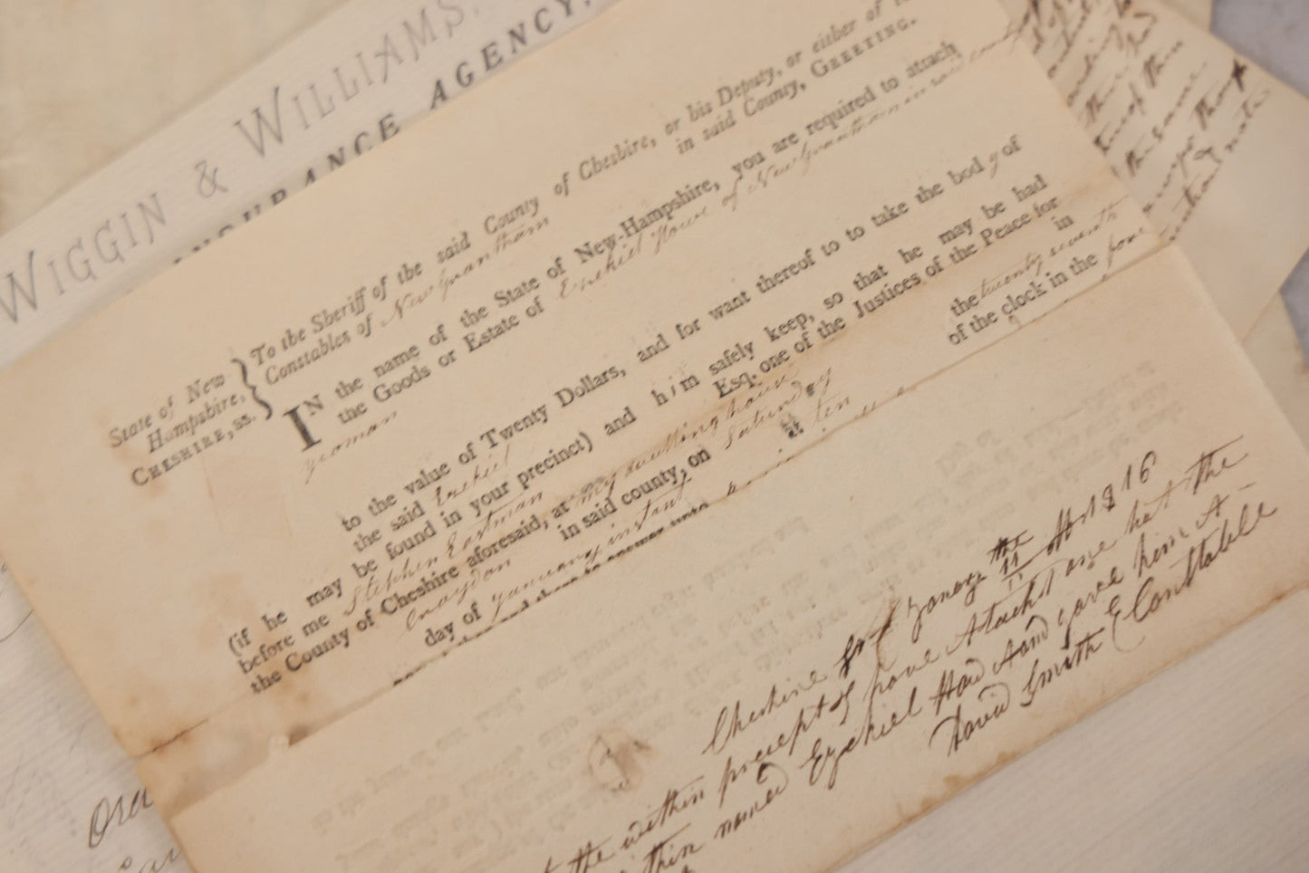 Lot 046 - Discovery Grouping Of 20+ Pieces Of Antique Handwritten & Printed Ephemera, Including New Hampshire Sheriff's Warrants, Wiggins & Williams General Insurance Document, Fairview Cemetery Association Receipt & Personal Mortgages