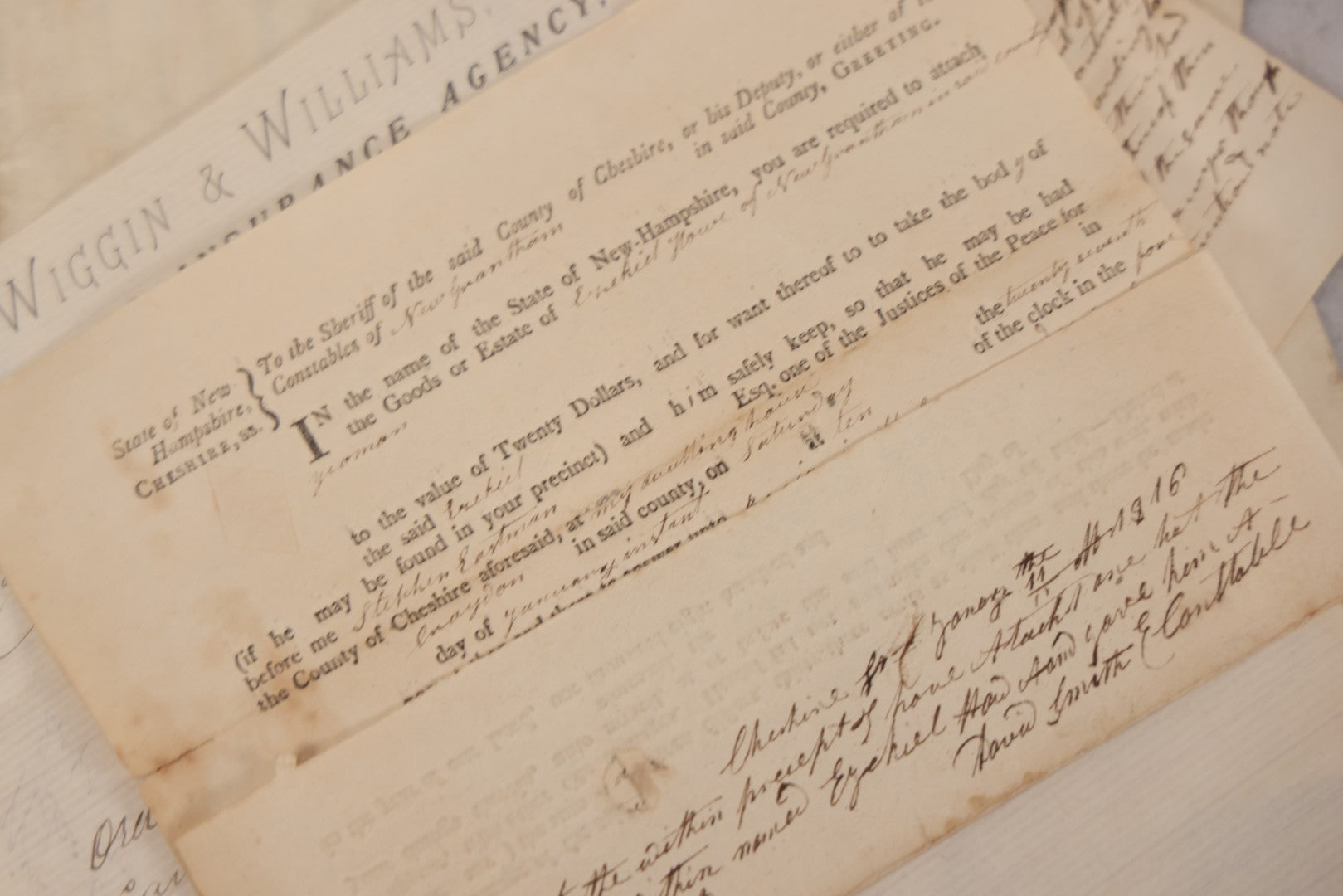 Lot 046 - Discovery Grouping Of 20+ Pieces Of Antique Handwritten & Printed Ephemera, Including New Hampshire Sheriff's Warrants, Wiggins & Williams General Insurance Document, Fairview Cemetery Association Receipt & Personal Mortgages