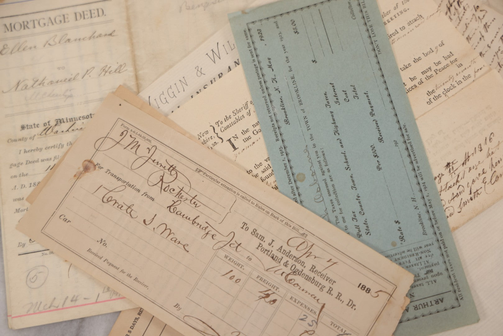 Lot 046 - Discovery Grouping Of 20+ Pieces Of Antique Handwritten & Printed Ephemera, Including New Hampshire Sheriff's Warrants, Wiggins & Williams General Insurance Document, Fairview Cemetery Association Receipt & Personal Mortgages
