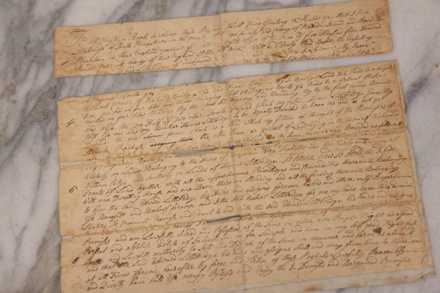 Lot 047 - Grouping Of Four Early Antique Handwritten Documents, Including Bills, Property Transfers & Land Descriptions, Circa 1800, Note Wear, Tears, Losses & Splits