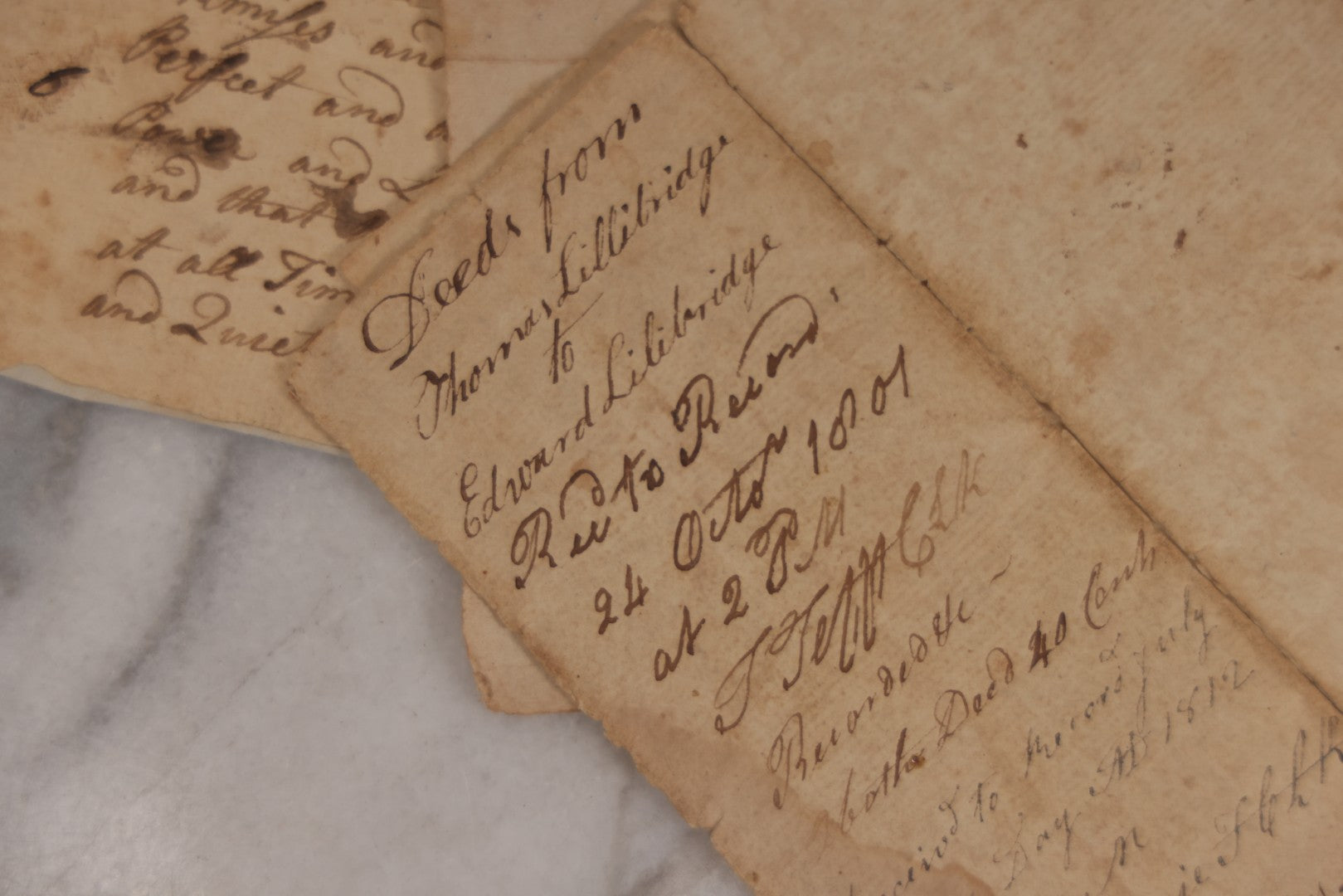 Lot 047 - Grouping Of Four Early Antique Handwritten Documents, Including Bills, Property Transfers & Land Descriptions, Circa 1800, Note Wear, Tears, Losses & Splits