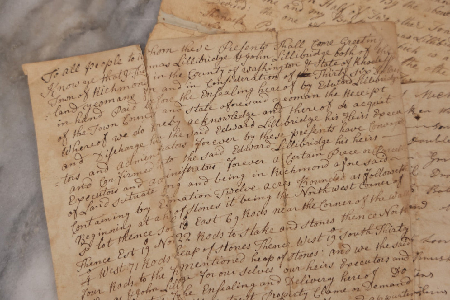 Lot 047 - Grouping Of Four Early Antique Handwritten Documents, Including Bills, Property Transfers & Land Descriptions, Circa 1800, Note Wear, Tears, Losses & Splits