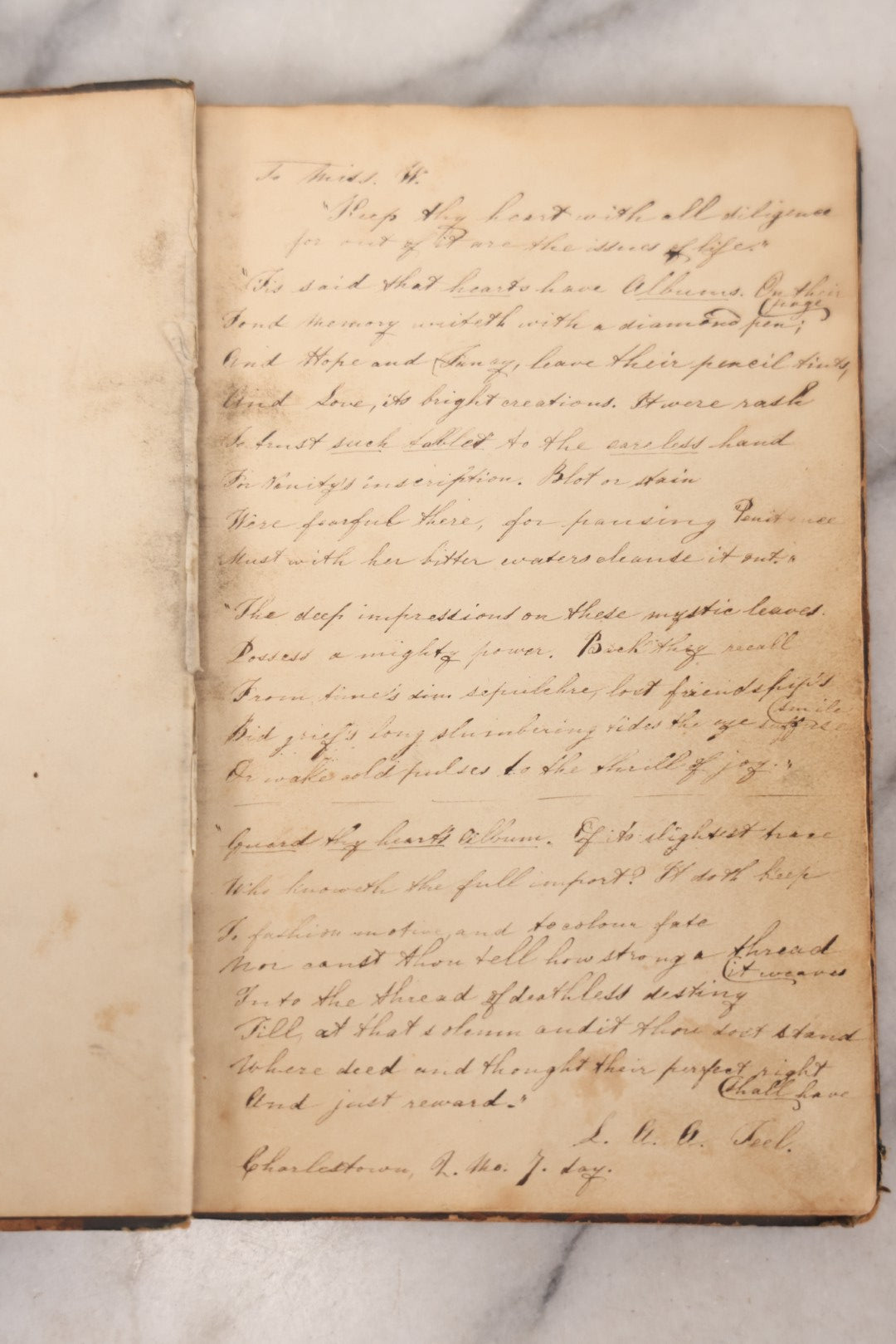 Lot 050 - Antique Victorian Autograph Album Of Elizabeth P. Whittridge, Containing Dozens Of Handwritten Greetings, Poems & Reminiscences, Dated 1832–1840s Beverly & Charlestown, Massachusetts, With Partial Gilded Leather Name Label