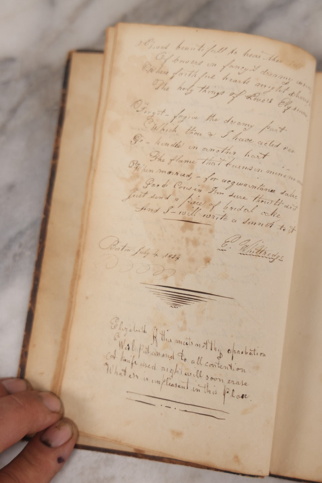 Lot 050 - Antique Victorian Autograph Album Of Elizabeth P. Whittridge, Containing Dozens Of Handwritten Greetings, Poems & Reminiscences, Dated 1832–1840s Beverly & Charlestown, Massachusetts, With Partial Gilded Leather Name Label