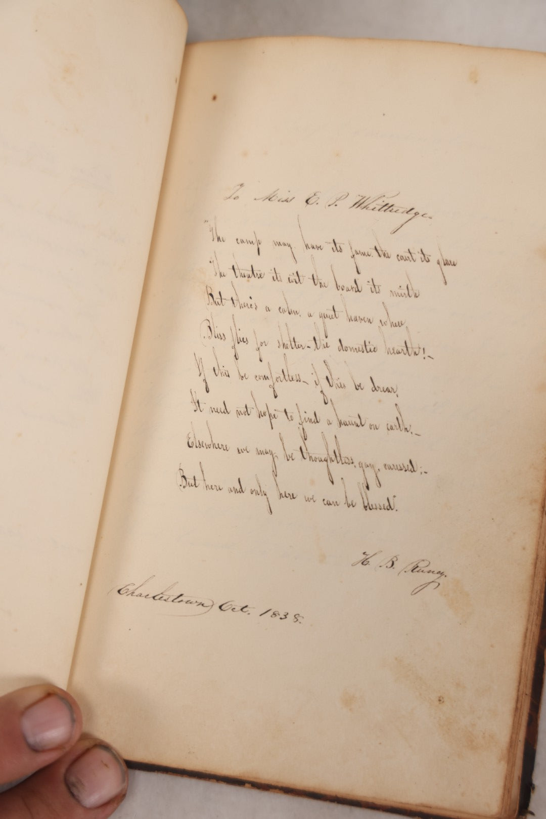 Lot 050 - Antique Victorian Autograph Album Of Elizabeth P. Whittridge, Containing Dozens Of Handwritten Greetings, Poems & Reminiscences, Dated 1832–1840s Beverly & Charlestown, Massachusetts, With Partial Gilded Leather Name Label