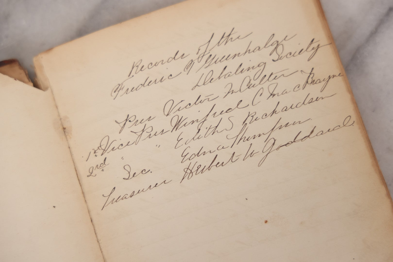 Lot 051 - Antique Handwritten Book, "Records Of The Frederic T. Greenhalge Debating Society," 1898–1899, Containing Constitution, Membership Signatures, Minutes, Debate Topics & Mock Trials, School Debate Club, Binding Loose, Spine Cover Missing