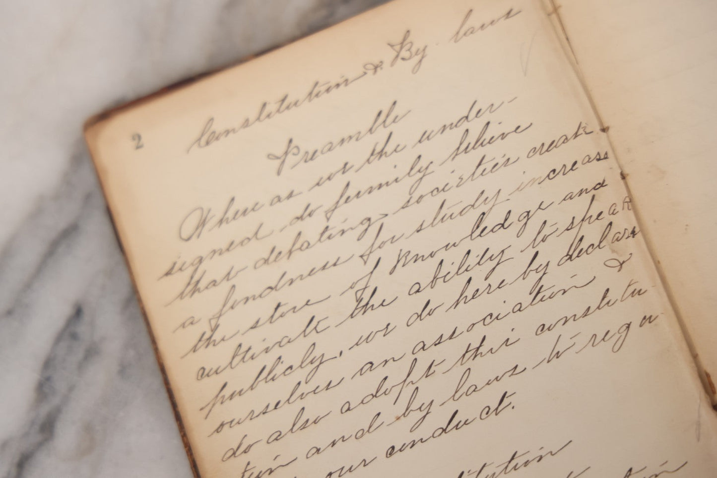 Lot 051 - Antique Handwritten Book, "Records Of The Frederic T. Greenhalge Debating Society," 1898–1899, Containing Constitution, Membership Signatures, Minutes, Debate Topics & Mock Trials, School Debate Club, Binding Loose, Spine Cover Missing