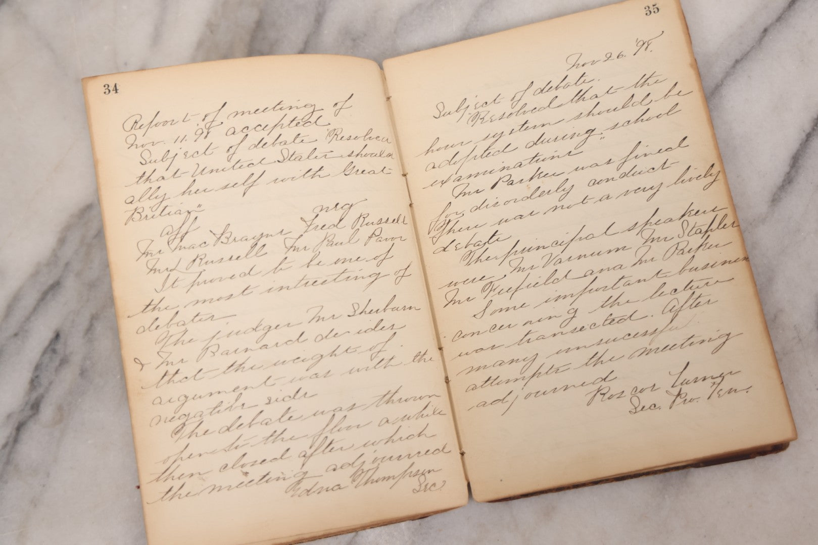 Lot 051 - Antique Handwritten Book, "Records Of The Frederic T. Greenhalge Debating Society," 1898–1899, Containing Constitution, Membership Signatures, Minutes, Debate Topics & Mock Trials, School Debate Club, Binding Loose, Spine Cover Missing