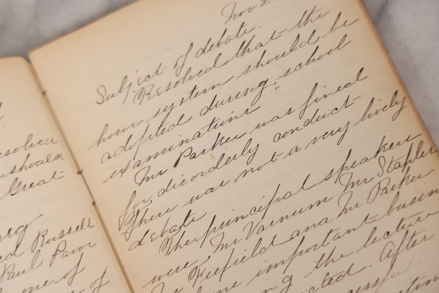 Lot 051 - Antique Handwritten Book, "Records Of The Frederic T. Greenhalge Debating Society," 1898–1899, Containing Constitution, Membership Signatures, Minutes, Debate Topics & Mock Trials, School Debate Club, Binding Loose, Spine Cover Missing