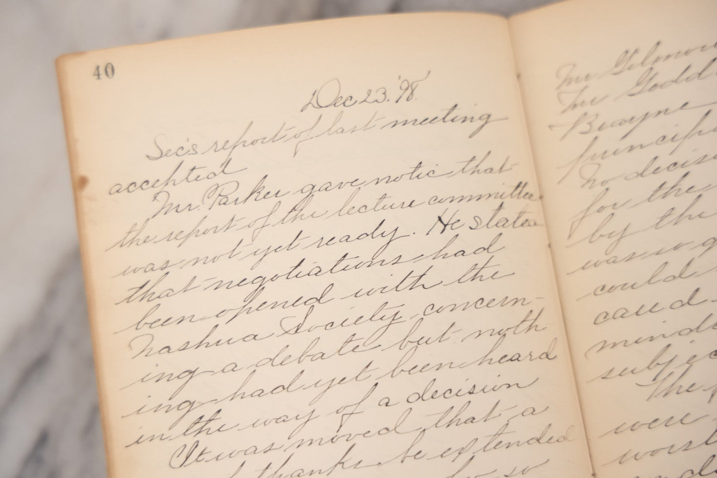 Lot 051 - Antique Handwritten Book, "Records Of The Frederic T. Greenhalge Debating Society," 1898–1899, Containing Constitution, Membership Signatures, Minutes, Debate Topics & Mock Trials, School Debate Club, Binding Loose, Spine Cover Missing