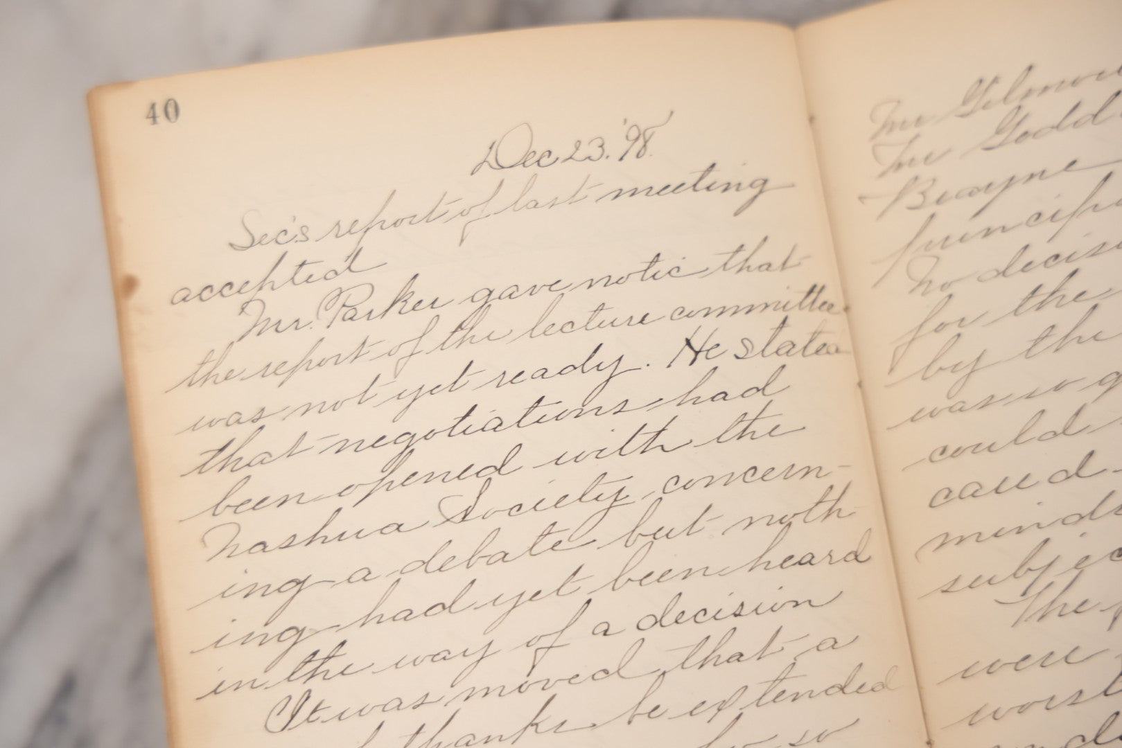 Lot 051 - Antique Handwritten Book, "Records Of The Frederic T. Greenhalge Debating Society," 1898–1899, Containing Constitution, Membership Signatures, Minutes, Debate Topics & Mock Trials, School Debate Club, Binding Loose, Spine Cover Missing