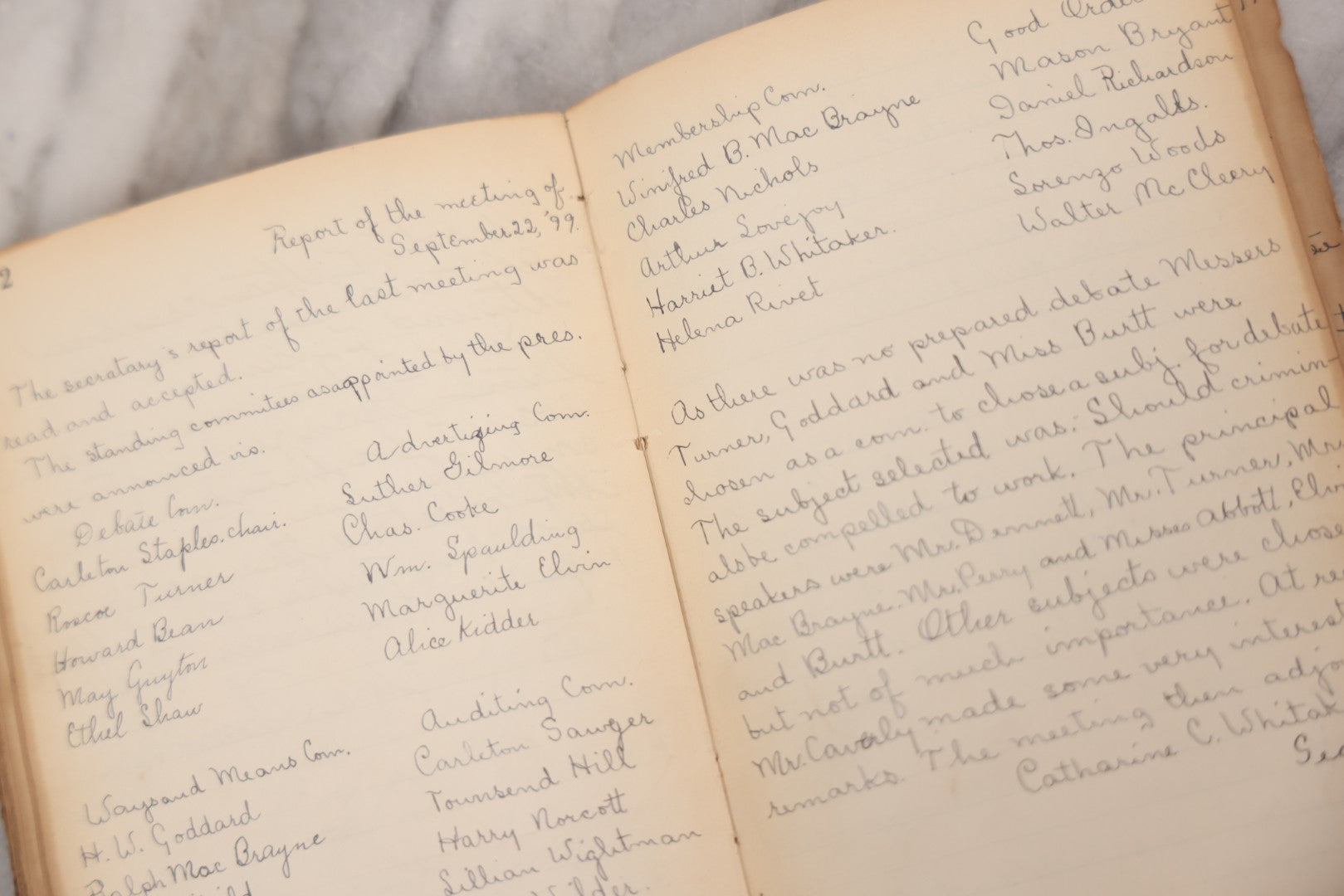 Lot 051 - Antique Handwritten Book, "Records Of The Frederic T. Greenhalge Debating Society," 1898–1899, Containing Constitution, Membership Signatures, Minutes, Debate Topics & Mock Trials, School Debate Club, Binding Loose, Spine Cover Missing