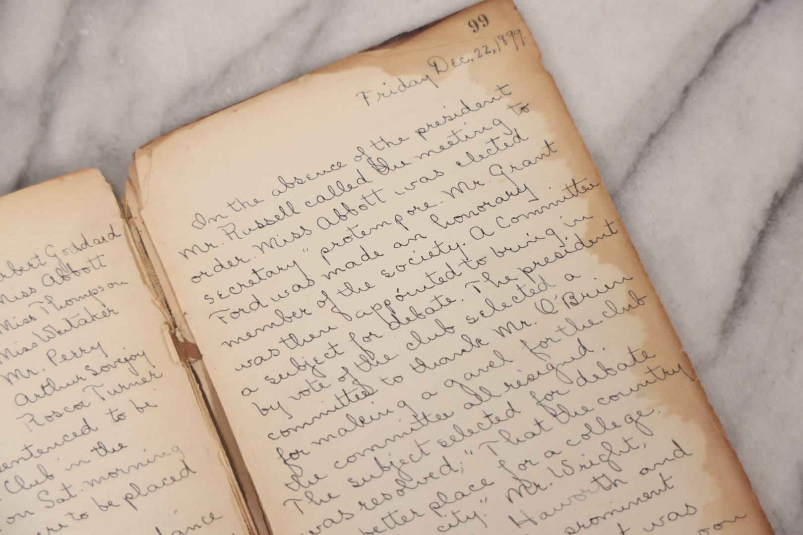 Lot 051 - Antique Handwritten Book, "Records Of The Frederic T. Greenhalge Debating Society," 1898–1899, Containing Constitution, Membership Signatures, Minutes, Debate Topics & Mock Trials, School Debate Club, Binding Loose, Spine Cover Missing