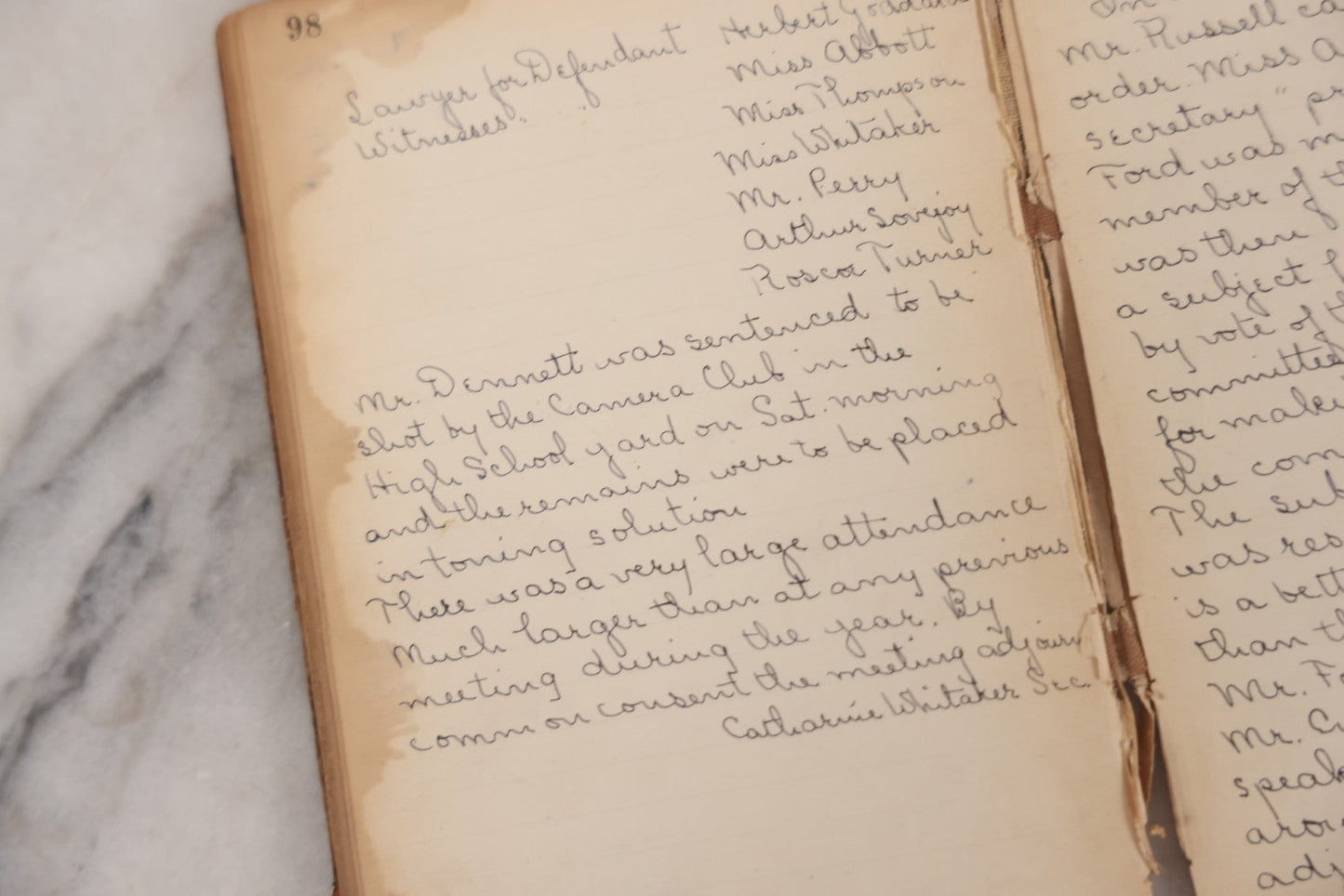 Lot 051 - Antique Handwritten Book, "Records Of The Frederic T. Greenhalge Debating Society," 1898–1899, Containing Constitution, Membership Signatures, Minutes, Debate Topics & Mock Trials, School Debate Club, Binding Loose, Spine Cover Missing
