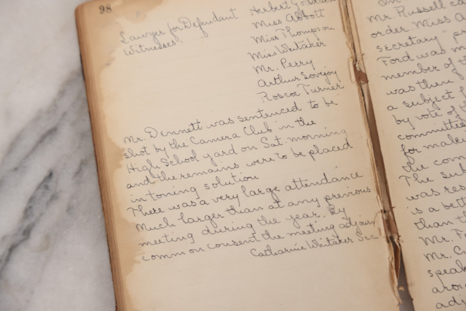 Lot 051 - Antique Handwritten Book, "Records Of The Frederic T. Greenhalge Debating Society," 1898–1899, Containing Constitution, Membership Signatures, Minutes, Debate Topics & Mock Trials, School Debate Club, Binding Loose, Spine Cover Missing