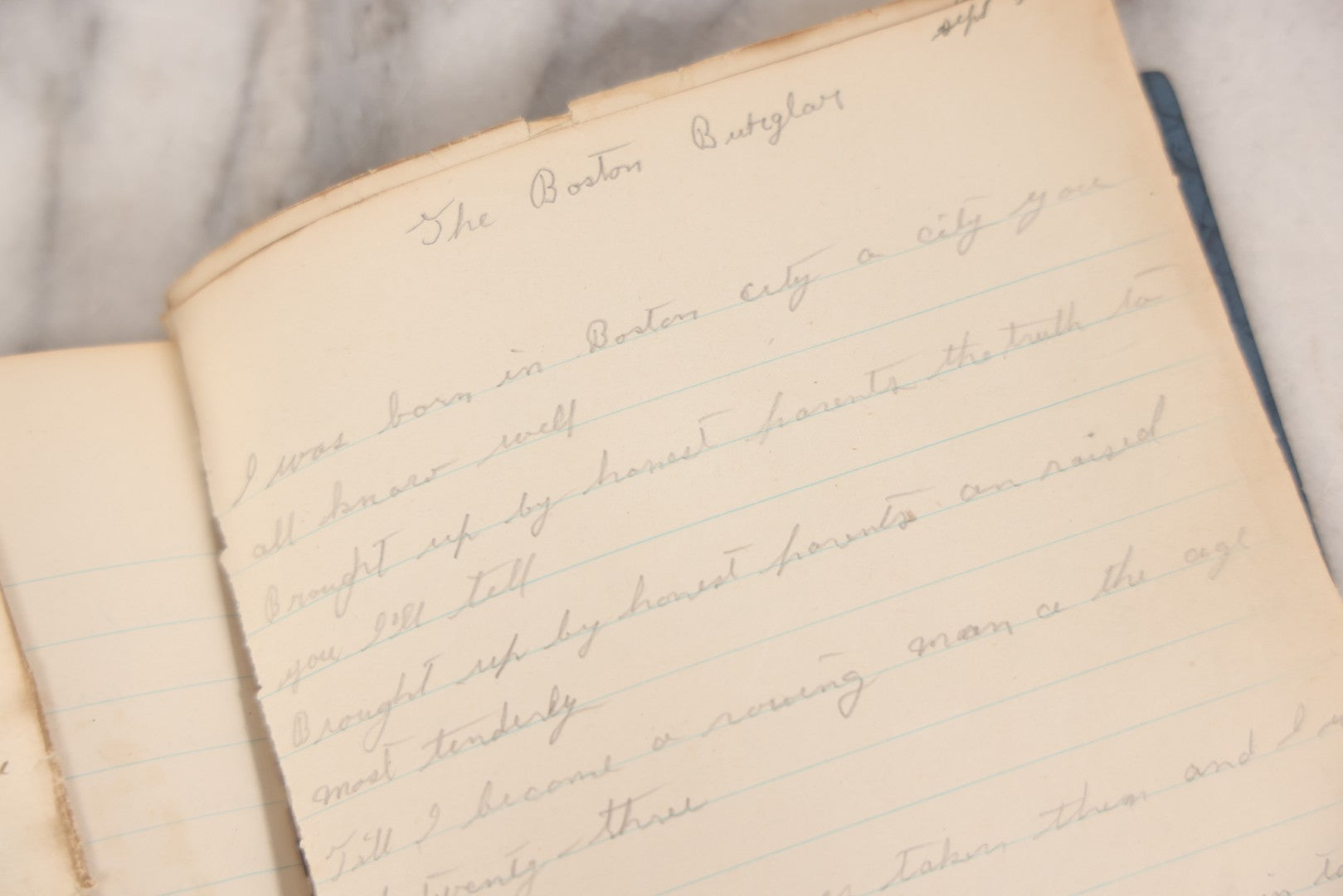 Lot 052 - Vintage Handwritten Composition Notebook Of Marshall Amos, Milltown, Maine, 1930s Containing Original Poems & Songs With Bizarre And Violent Themes, Plus Copied Writings From Shakespeare, Thomas Gray & Others