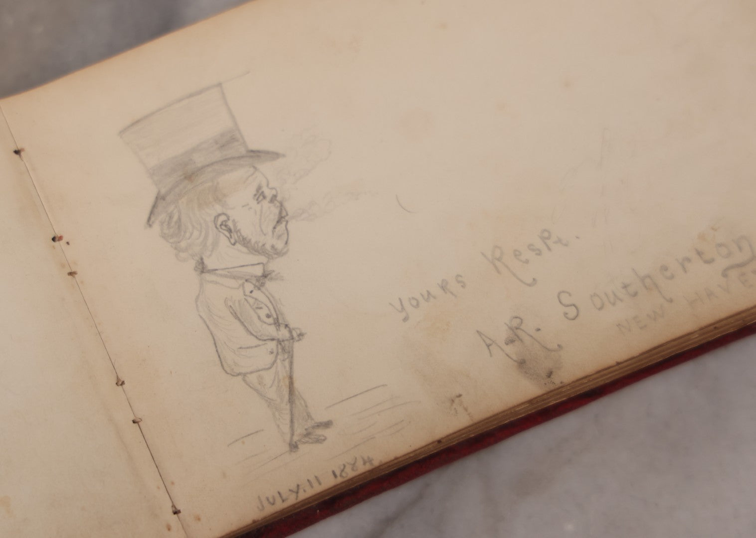 Lot 055 - Antique Victorian Red Velvet Autograph Album Of Lizzie, Hogarth Academy, Connecticut, 1880s With Student & Teacher Signatures, Hand-Drawn Comic Pencil Sketch, Die-Cut Lithographs & Painted Floral Page