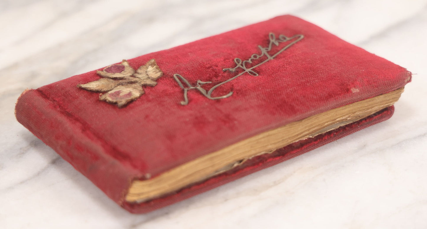 Lot 055 - Antique Victorian Red Velvet Autograph Album Of Lizzie, Hogarth Academy, Connecticut, 1880s With Student & Teacher Signatures, Hand-Drawn Comic Pencil Sketch, Die-Cut Lithographs & Painted Floral Page