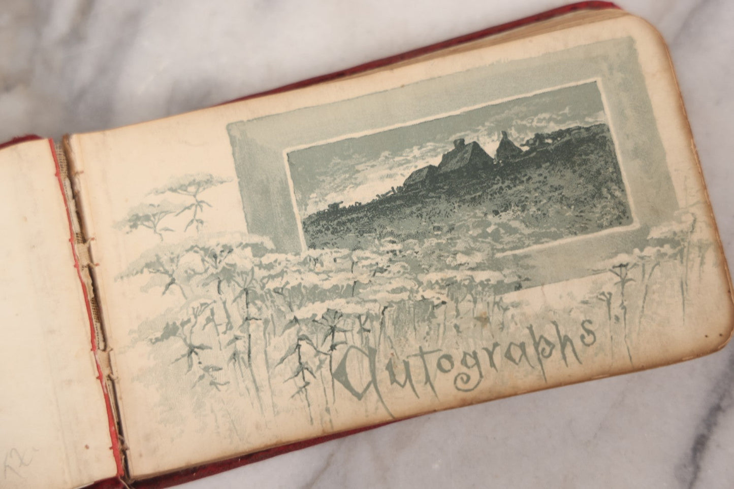 Lot 055 - Antique Victorian Red Velvet Autograph Album Of Lizzie, Hogarth Academy, Connecticut, 1880s With Student & Teacher Signatures, Hand-Drawn Comic Pencil Sketch, Die-Cut Lithographs & Painted Floral Page