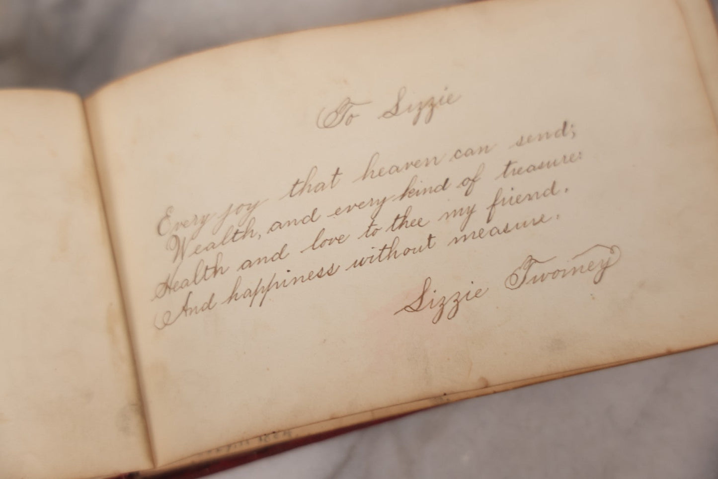 Lot 055 - Antique Victorian Red Velvet Autograph Album Of Lizzie, Hogarth Academy, Connecticut, 1880s With Student & Teacher Signatures, Hand-Drawn Comic Pencil Sketch, Die-Cut Lithographs & Painted Floral Page