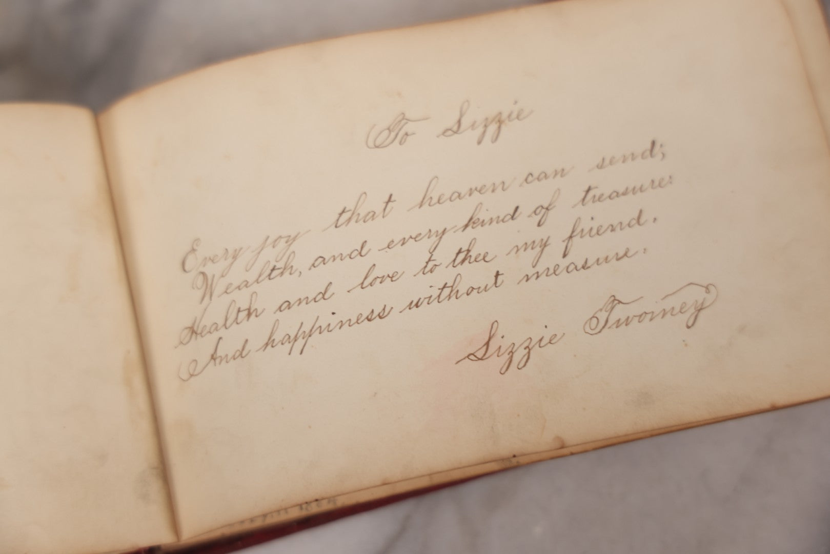 Lot 055 - Antique Victorian Red Velvet Autograph Album Of Lizzie, Hogarth Academy, Connecticut, 1880s With Student & Teacher Signatures, Hand-Drawn Comic Pencil Sketch, Die-Cut Lithographs & Painted Floral Page