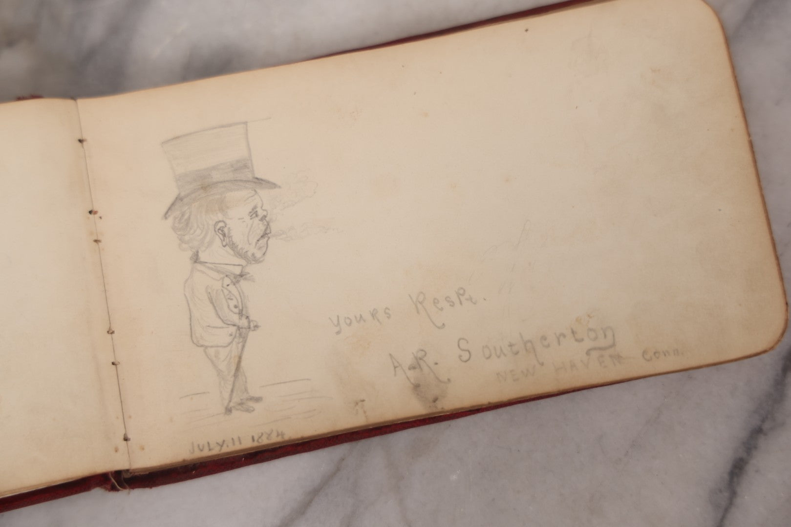 Lot 055 - Antique Victorian Red Velvet Autograph Album Of Lizzie, Hogarth Academy, Connecticut, 1880s With Student & Teacher Signatures, Hand-Drawn Comic Pencil Sketch, Die-Cut Lithographs & Painted Floral Page