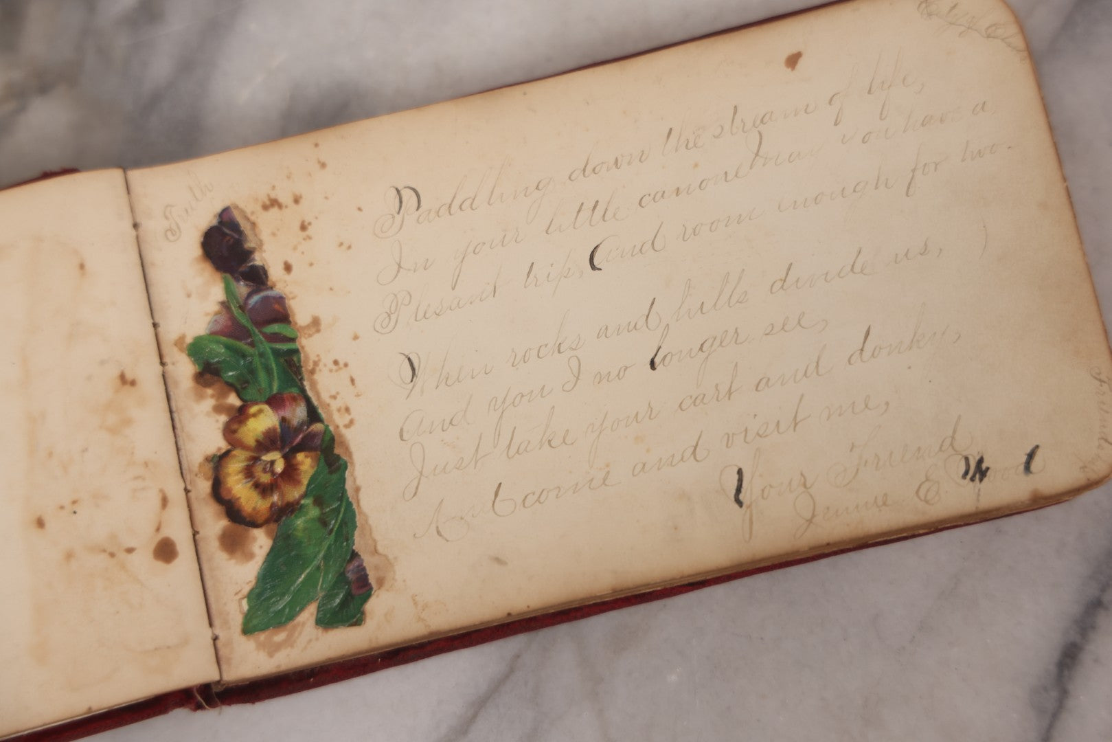 Lot 055 - Antique Victorian Red Velvet Autograph Album Of Lizzie, Hogarth Academy, Connecticut, 1880s With Student & Teacher Signatures, Hand-Drawn Comic Pencil Sketch, Die-Cut Lithographs & Painted Floral Page