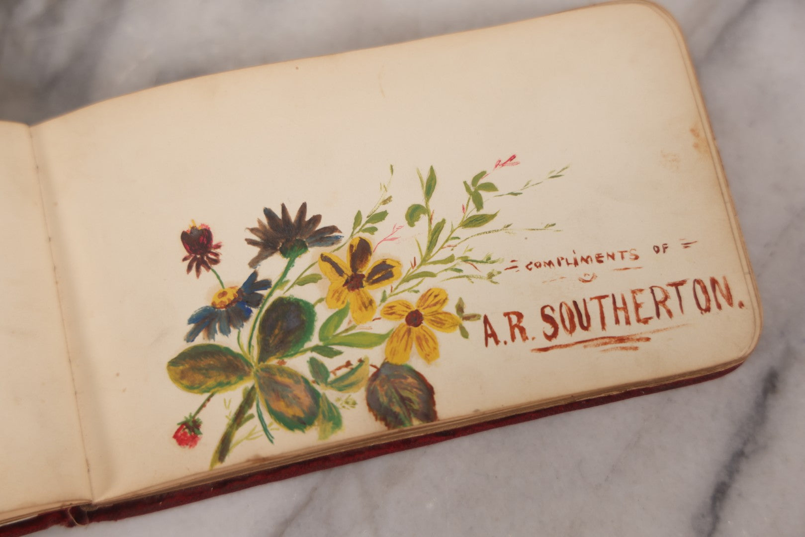 Lot 055 - Antique Victorian Red Velvet Autograph Album Of Lizzie, Hogarth Academy, Connecticut, 1880s With Student & Teacher Signatures, Hand-Drawn Comic Pencil Sketch, Die-Cut Lithographs & Painted Floral Page