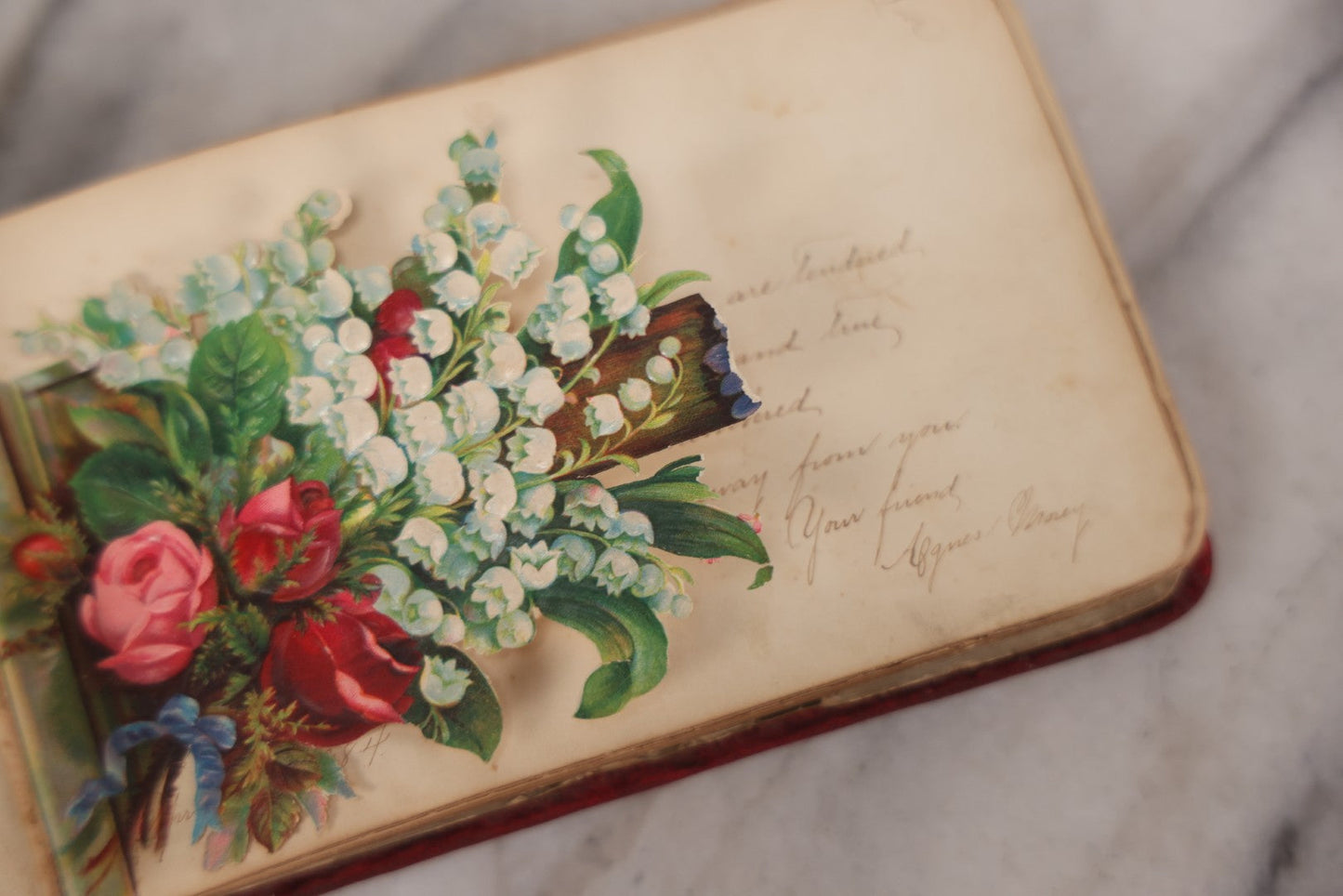 Lot 055 - Antique Victorian Red Velvet Autograph Album Of Lizzie, Hogarth Academy, Connecticut, 1880s With Student & Teacher Signatures, Hand-Drawn Comic Pencil Sketch, Die-Cut Lithographs & Painted Floral Page