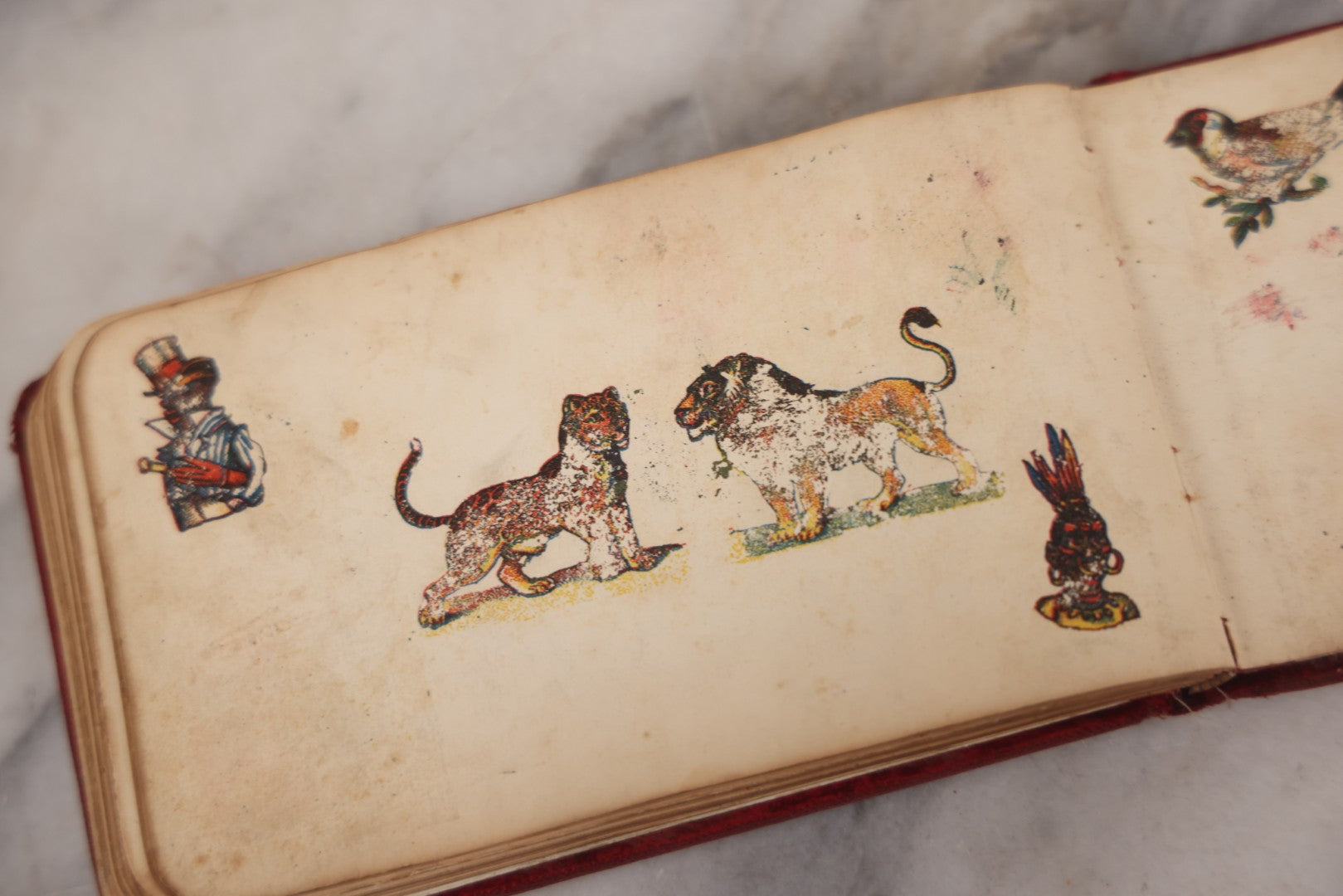 Lot 055 - Antique Victorian Red Velvet Autograph Album Of Lizzie, Hogarth Academy, Connecticut, 1880s With Student & Teacher Signatures, Hand-Drawn Comic Pencil Sketch, Die-Cut Lithographs & Painted Floral Page