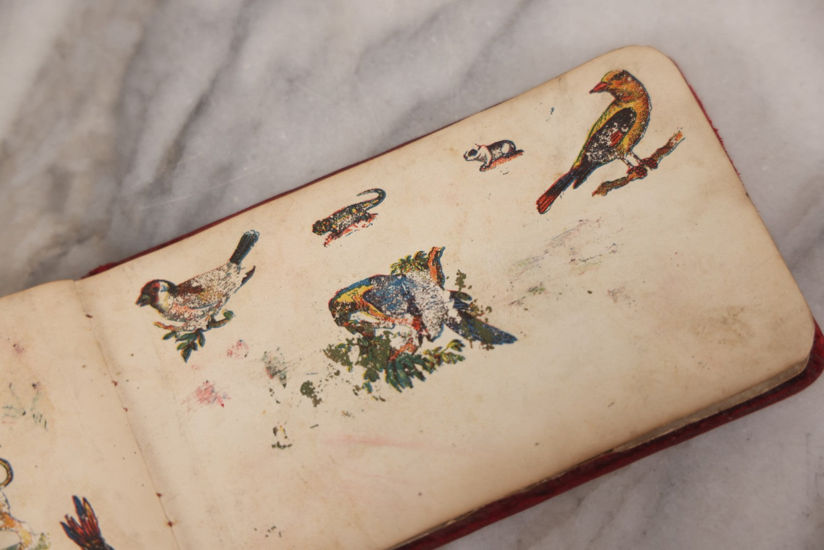 Lot 055 - Antique Victorian Red Velvet Autograph Album Of Lizzie, Hogarth Academy, Connecticut, 1880s With Student & Teacher Signatures, Hand-Drawn Comic Pencil Sketch, Die-Cut Lithographs & Painted Floral Page