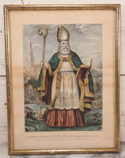 Lot 056 - Antique Hand-Colored Lithograph Of St. Patrick, Apostle Of Ireland, Published By Currier & Ives, In Antique-Style Modern Frame, 12-3/4" x 16-3/4"
