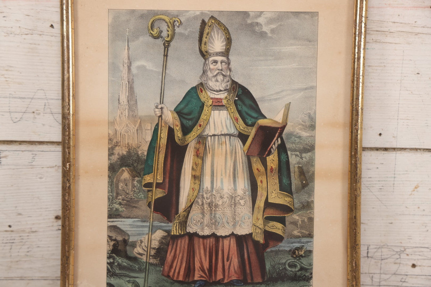 Lot 056 - Antique Hand-Colored Lithograph Of St. Patrick, Apostle Of Ireland, Published By Currier & Ives, In Antique-Style Modern Frame, 12-3/4" x 16-3/4"