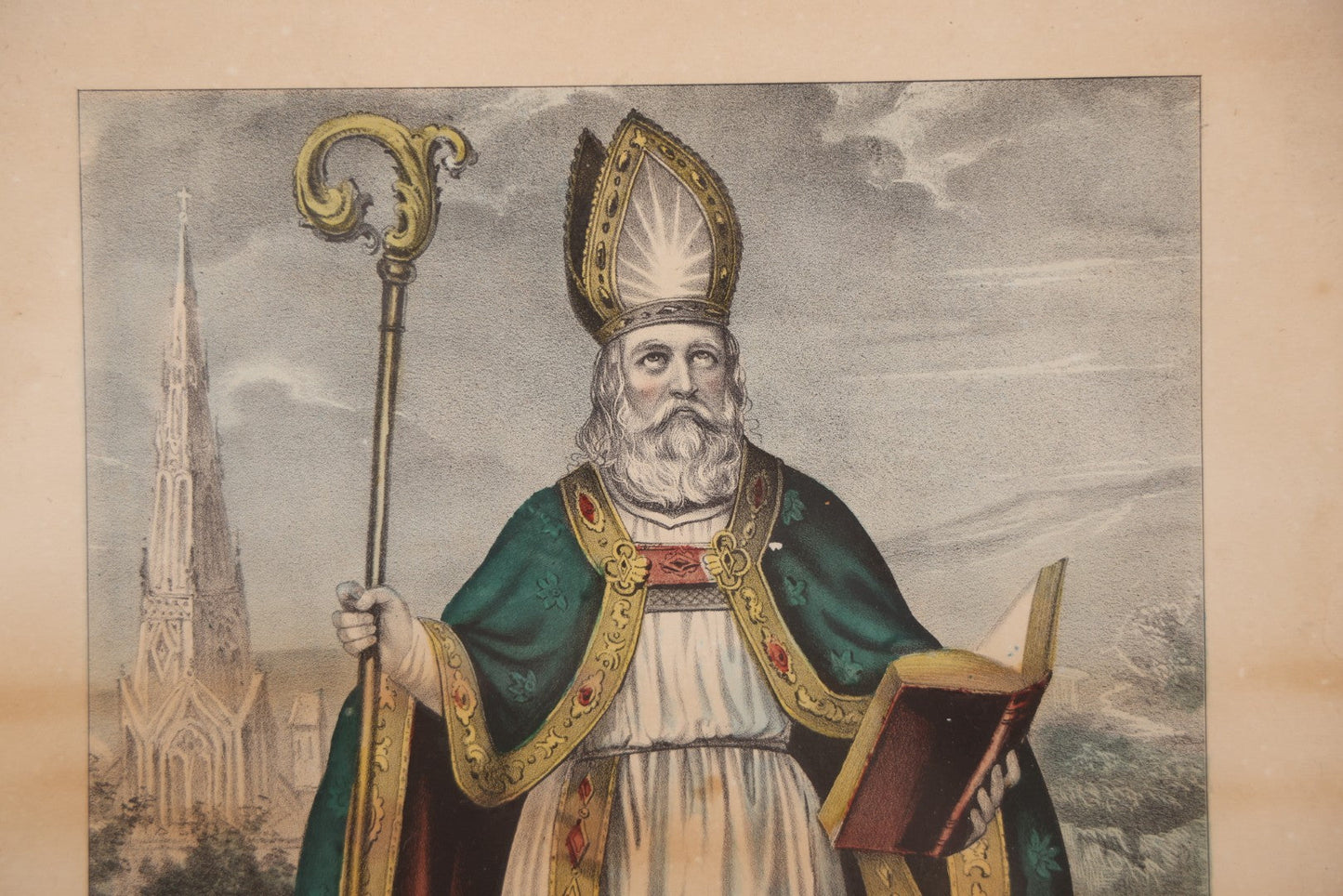 Lot 056 - Antique Hand-Colored Lithograph Of St. Patrick, Apostle Of Ireland, Published By Currier & Ives, In Antique-Style Modern Frame, 12-3/4" x 16-3/4"