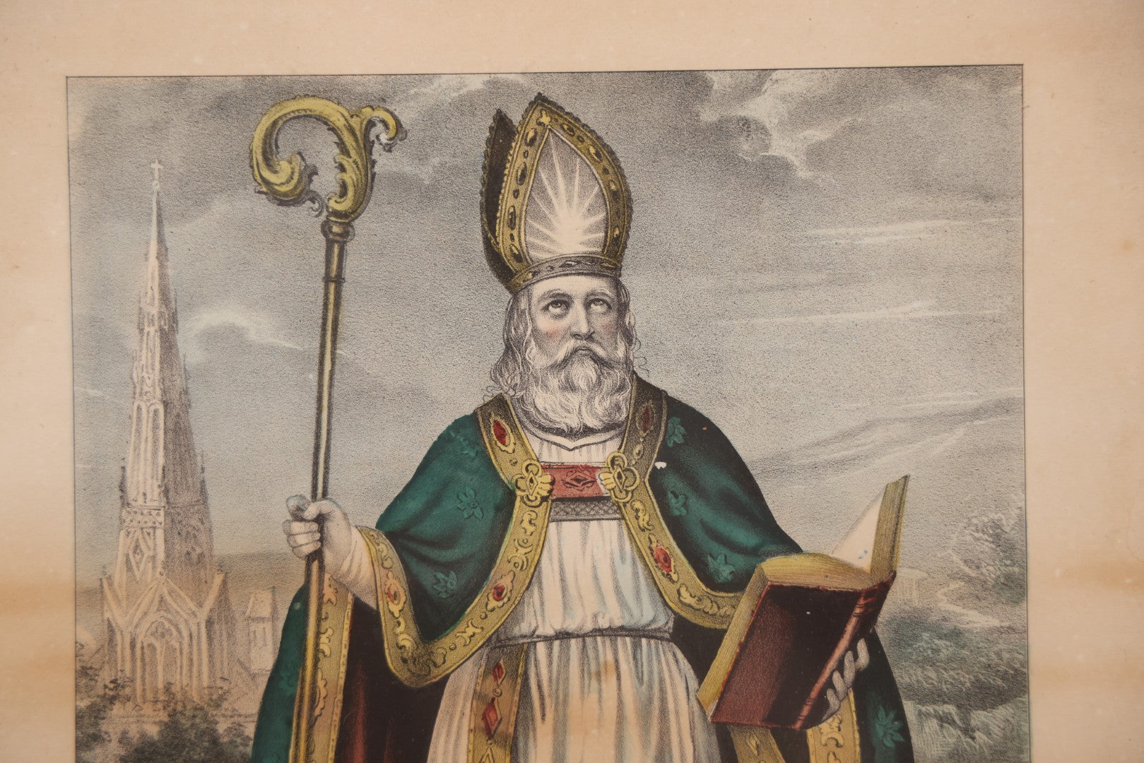 Lot 056 - Antique Hand-Colored Lithograph Of St. Patrick, Apostle Of Ireland, Published By Currier & Ives, In Antique-Style Modern Frame, 12-3/4" x 16-3/4"
