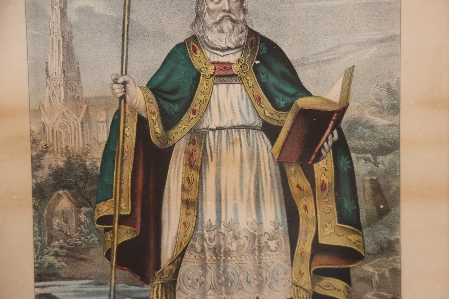 Lot 056 - Antique Hand-Colored Lithograph Of St. Patrick, Apostle Of Ireland, Published By Currier & Ives, In Antique-Style Modern Frame, 12-3/4" x 16-3/4"