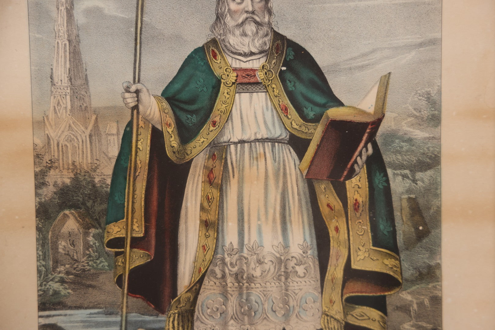 Lot 056 - Antique Hand-Colored Lithograph Of St. Patrick, Apostle Of Ireland, Published By Currier & Ives, In Antique-Style Modern Frame, 12-3/4" x 16-3/4"
