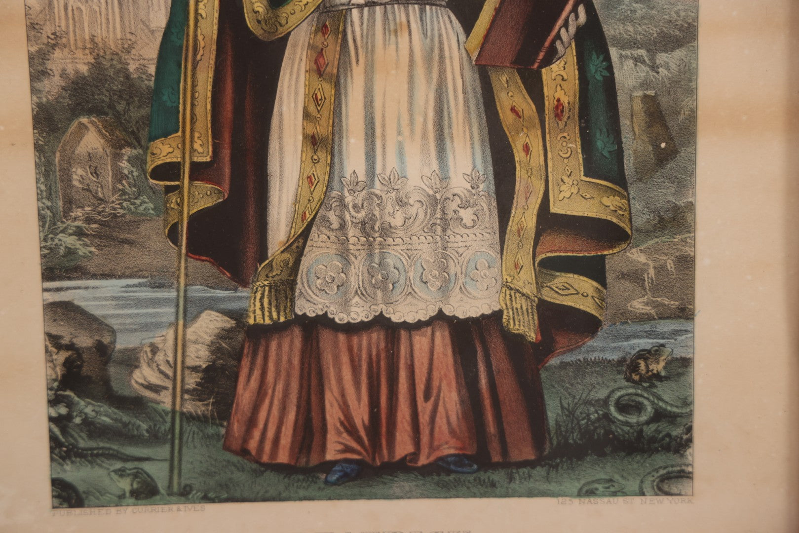 Lot 056 - Antique Hand-Colored Lithograph Of St. Patrick, Apostle Of Ireland, Published By Currier & Ives, In Antique-Style Modern Frame, 12-3/4" x 16-3/4"