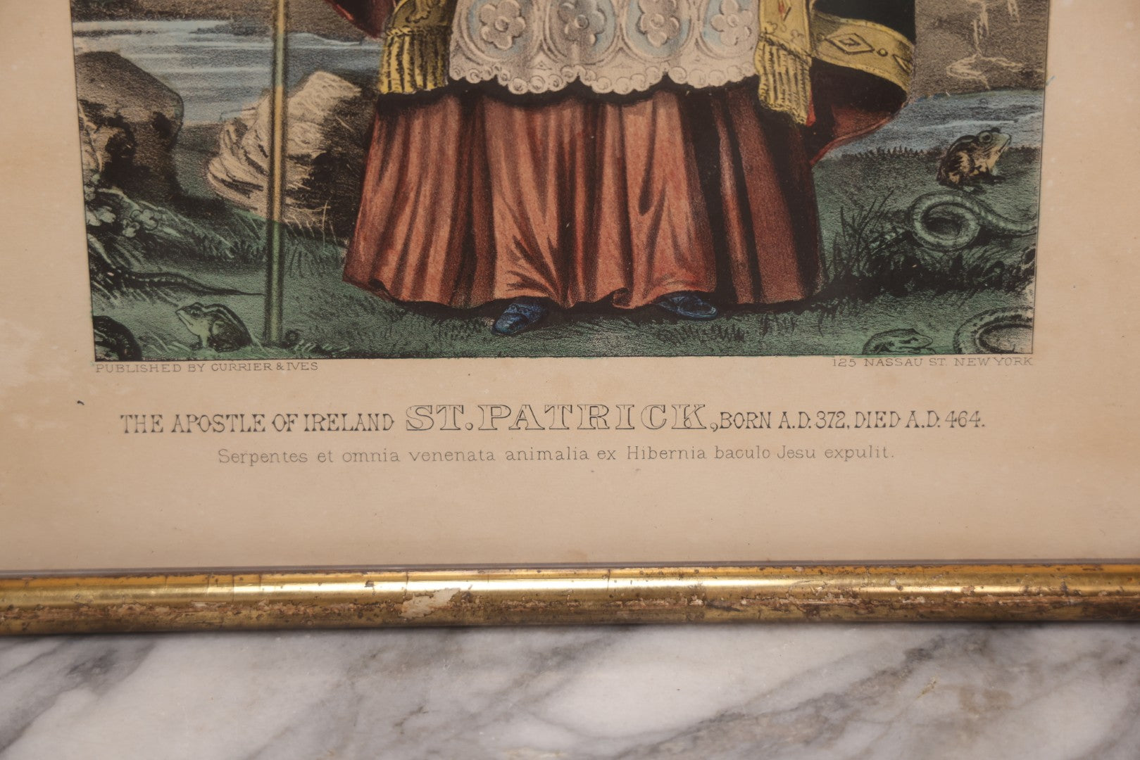 Lot 056 - Antique Hand-Colored Lithograph Of St. Patrick, Apostle Of Ireland, Published By Currier & Ives, In Antique-Style Modern Frame, 12-3/4" x 16-3/4"