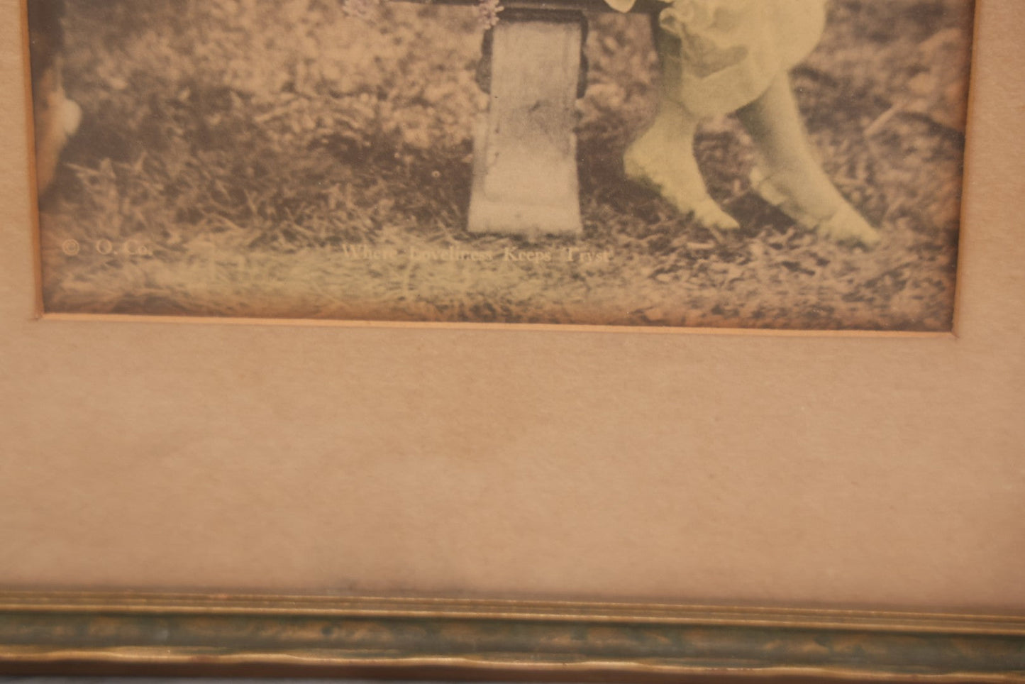 Lot 058 - Antique Framed Hand-Tinted Art Photo Print, "Where Loveliness Keeps Tryst," Featuring Woman In Yellow Dress On Bench With Flowers, Copyright O. Co., 11-1/2" x 13"