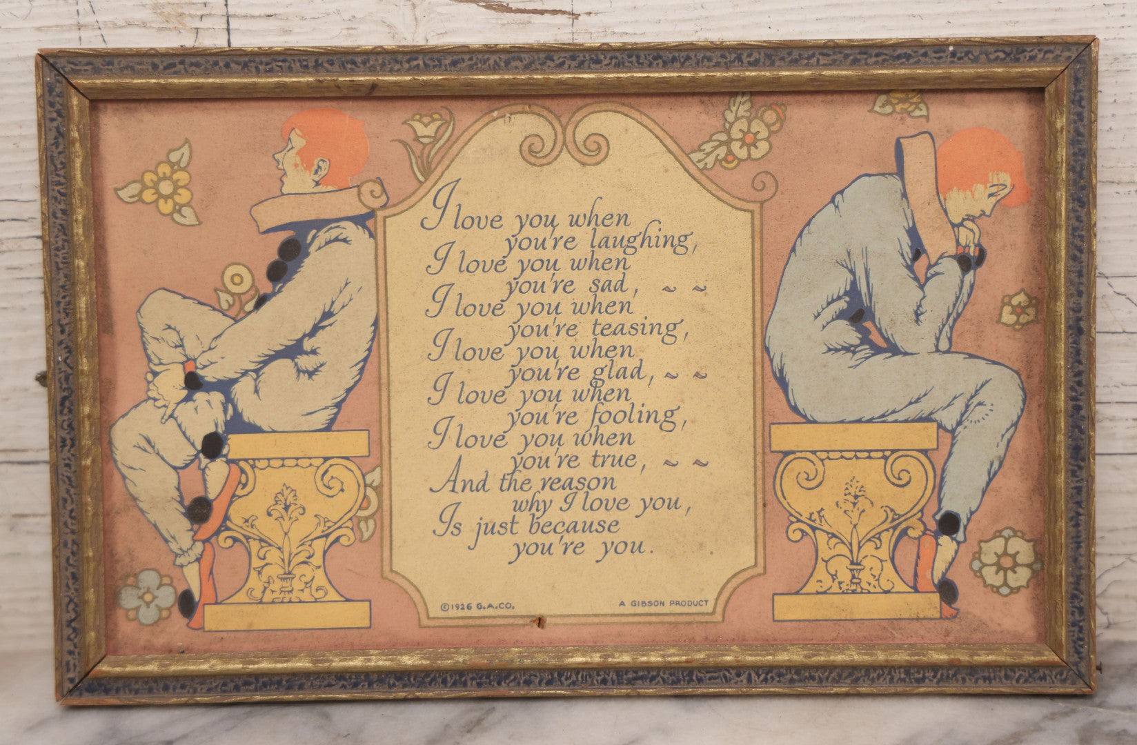 Lot 059 - Vintage Framed Comic Print, "I Love You, When" Featuring Happy And Sad Jesters, Copyright 1926, G.A. Co., A Gibson Product, Note No Glass, 10-3/4" x 6-3/4"