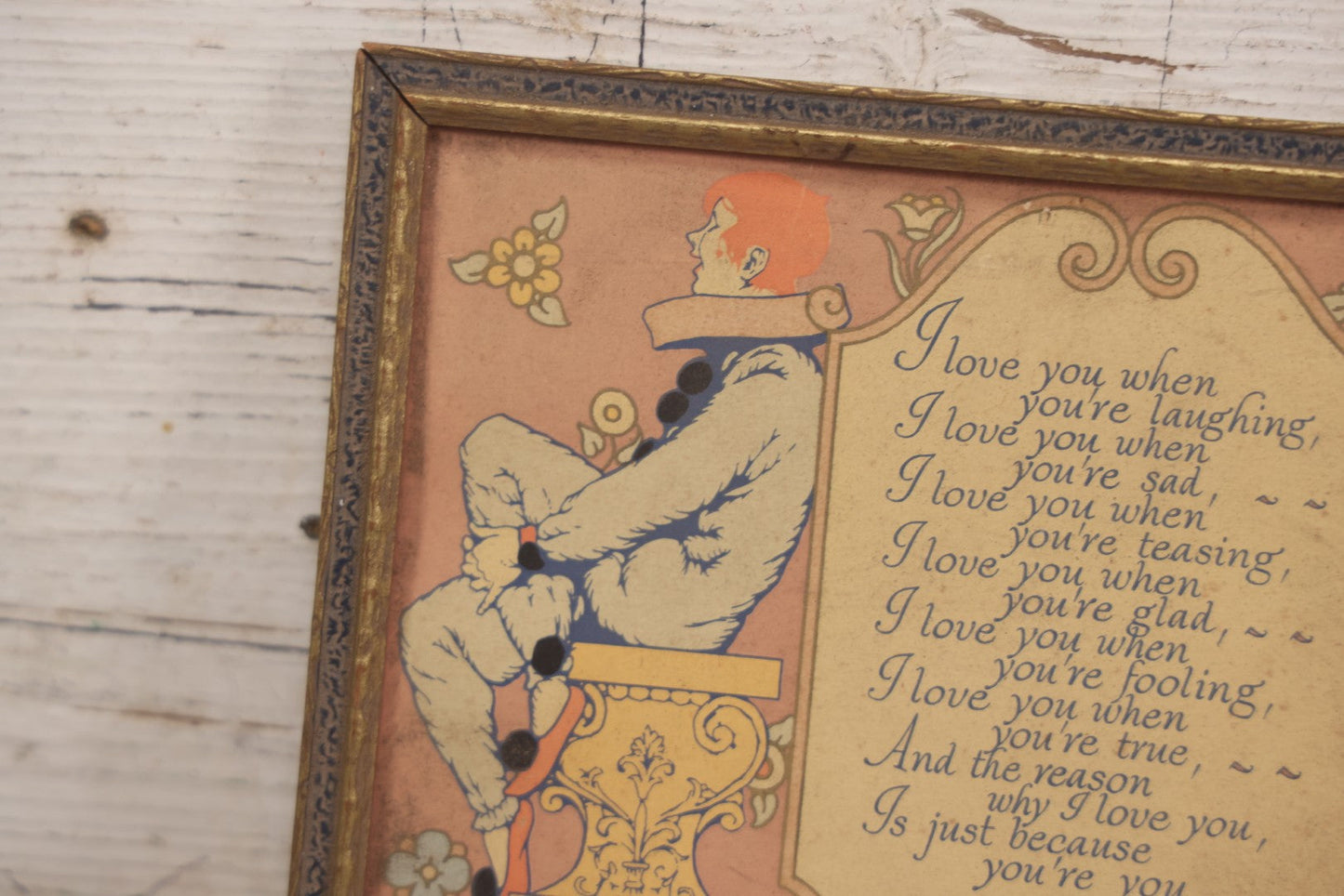 Lot 059 - Vintage Framed Comic Print, "I Love You, When" Featuring Happy And Sad Jesters, Copyright 1926, G.A. Co., A Gibson Product, Note No Glass, 10-3/4" x 6-3/4"