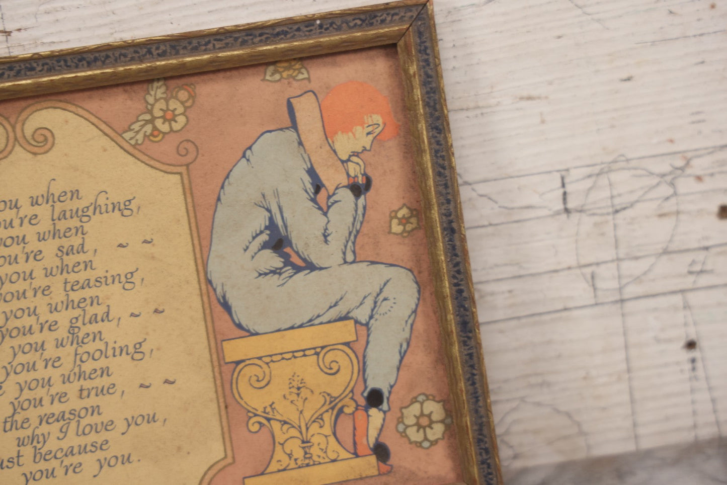 Lot 059 - Vintage Framed Comic Print, "I Love You, When" Featuring Happy And Sad Jesters, Copyright 1926, G.A. Co., A Gibson Product, Note No Glass, 10-3/4" x 6-3/4"